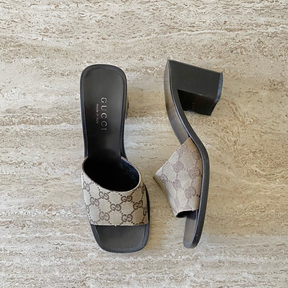 Vintage Gucci GG Canvas Mule Block Heel Sandals